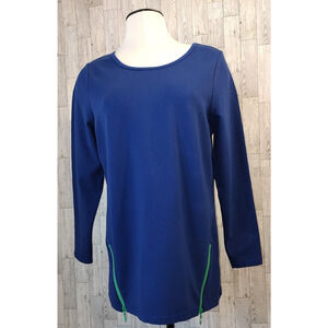 Quacker Factory Woman's Basic Blue Pullover Tunic Size M Long Sleeve 2 Zippers